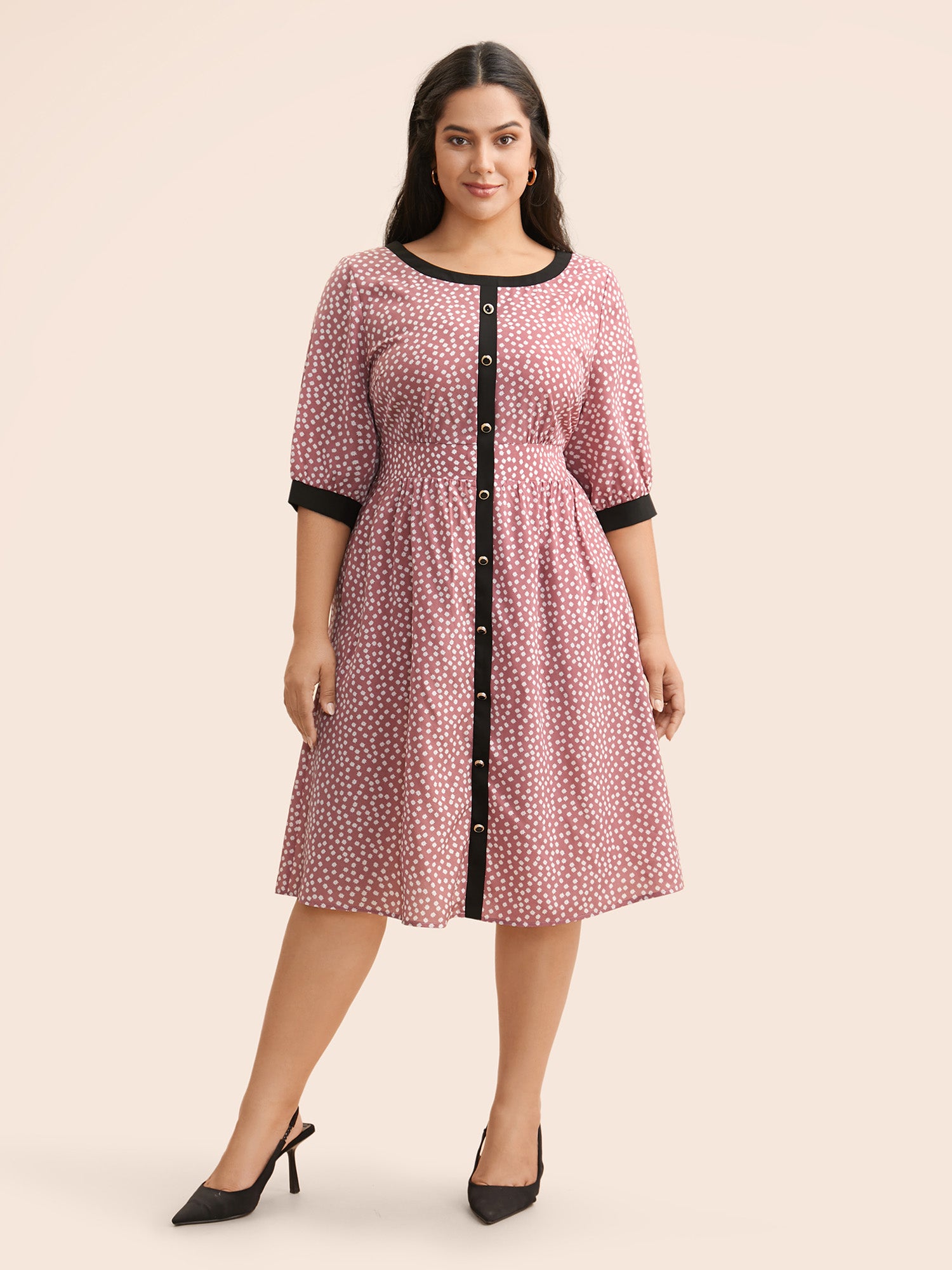 Ditsy Floral Contrast Trim Button Detail Dress