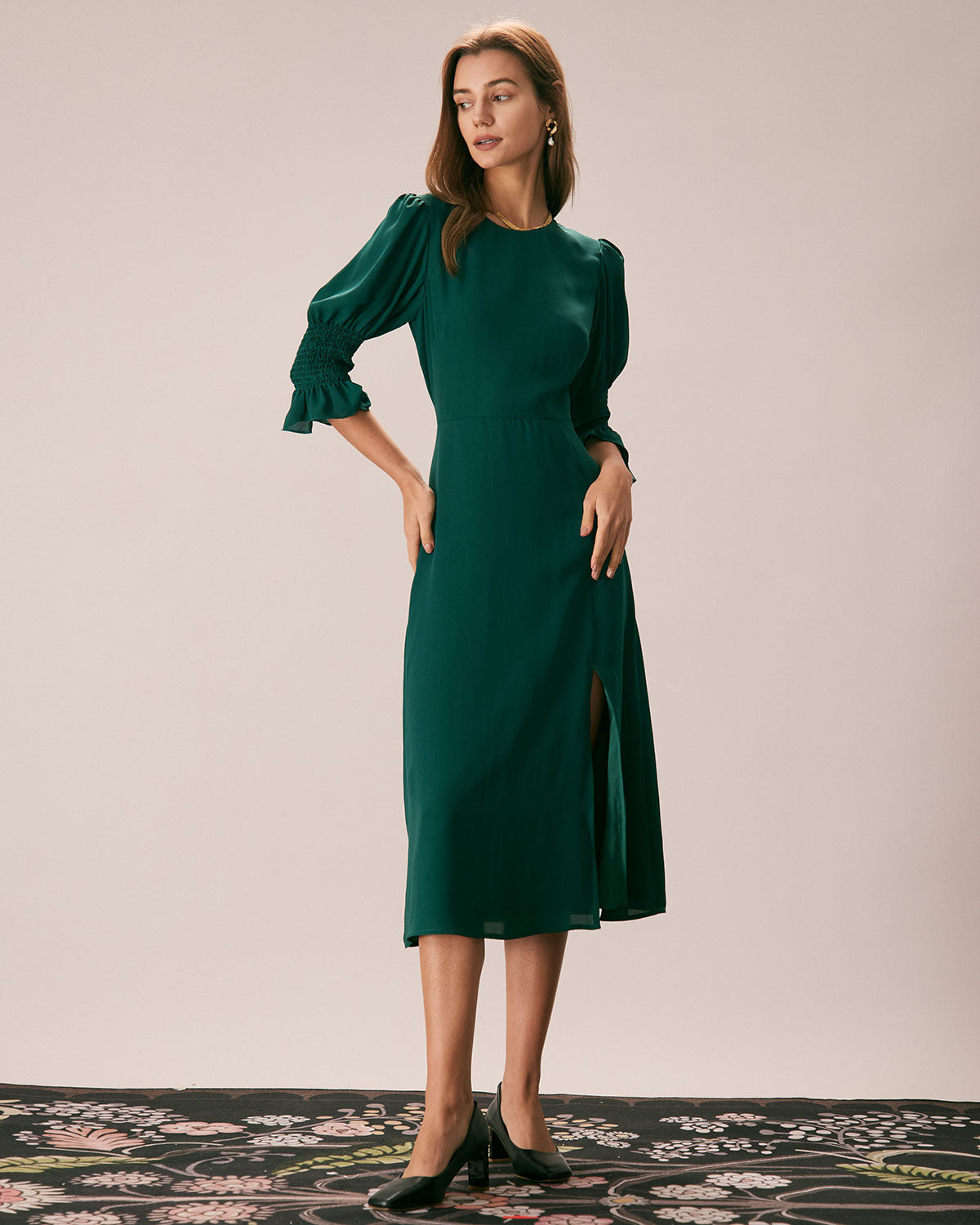 The Green Crew Neck Ruffle Slit Midi Dress