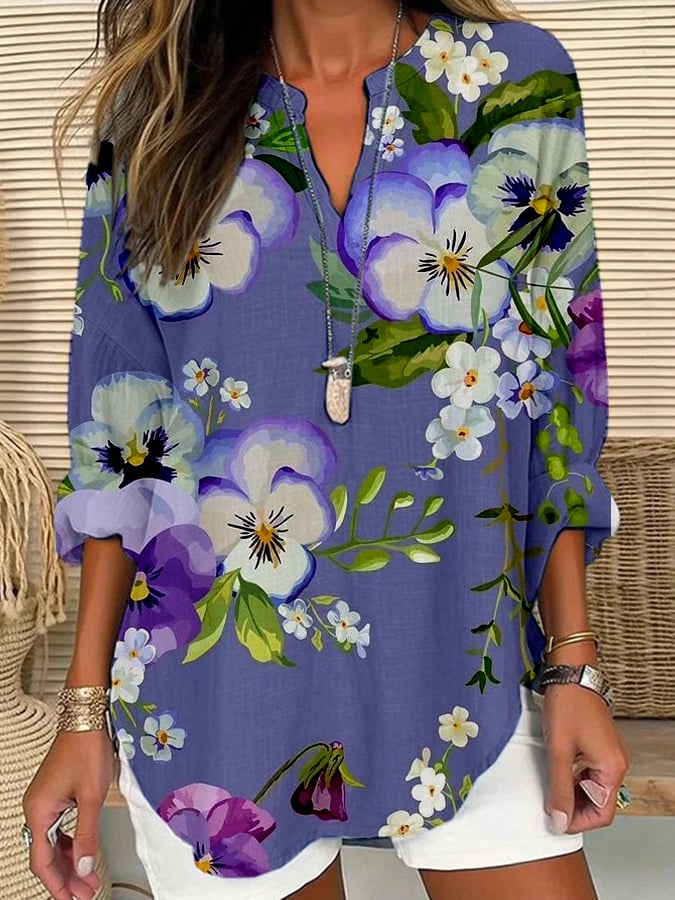 Women's Retro Floral Loose Casual Long Sleeve V-Neck Shirt