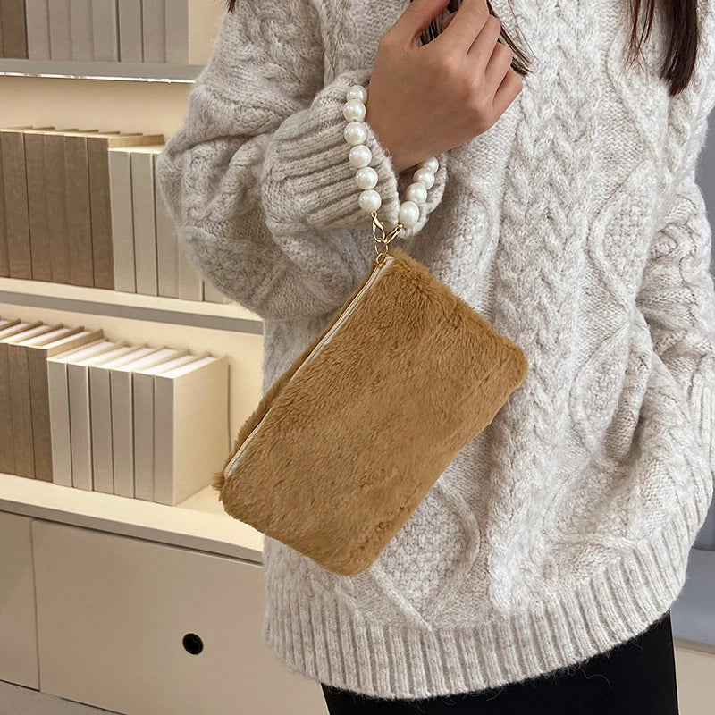 Black Brown White Plush Solid Color Beading Pearls Square Clutches