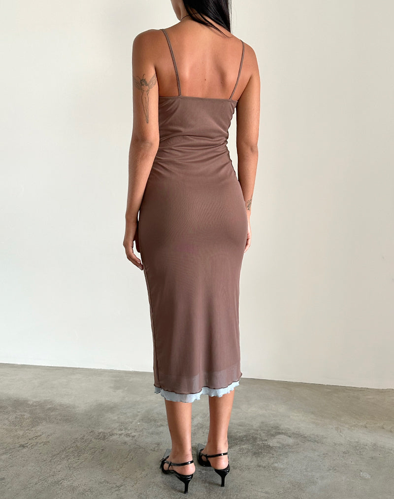 Bisilk Midi Dress in Mesh Brown with Light Blue