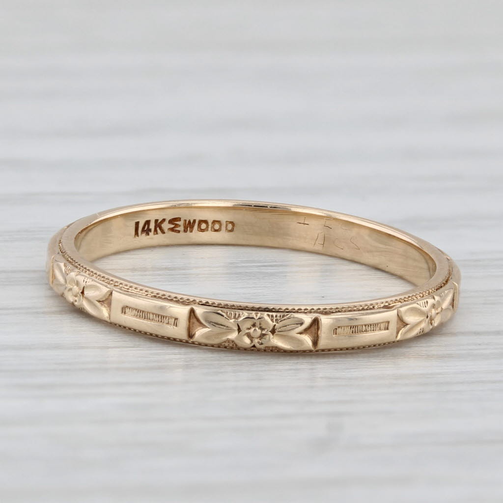 Art Deco Floral Pattern Band 14k Yellow Gold Size 6 Ring Stackable Wedding Wood