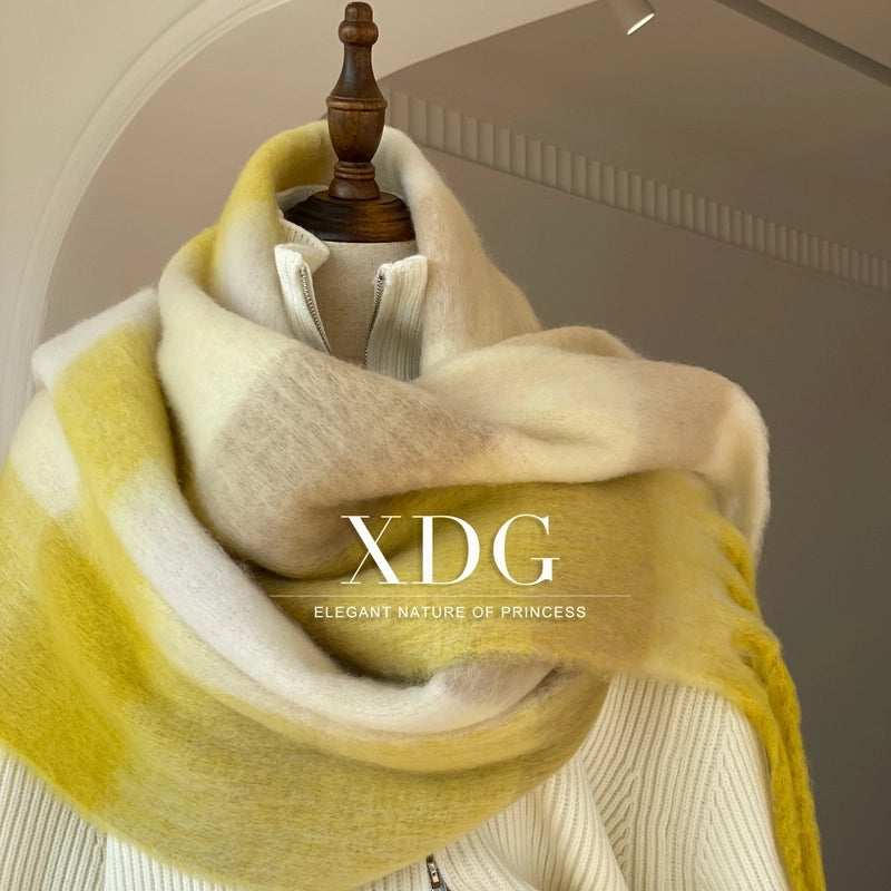 Famous High-grade Delicate Soft Gradient Color Plaid Color Matching Tassel Cashmere-like Shawl Net Red Scarf