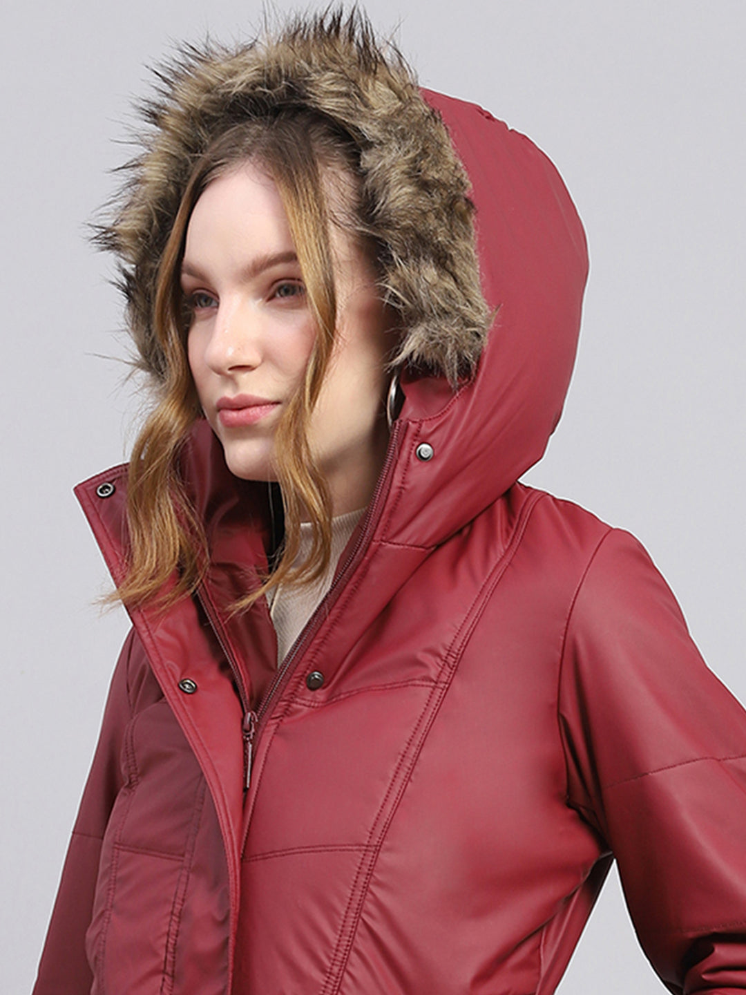 Women Maroon Solid Hooded Full Sleeve Jacket