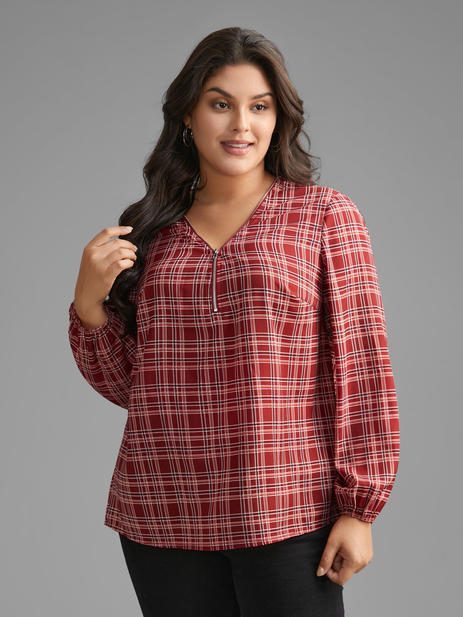 Plaid Zipper Front Lantern Sleeve Blouse