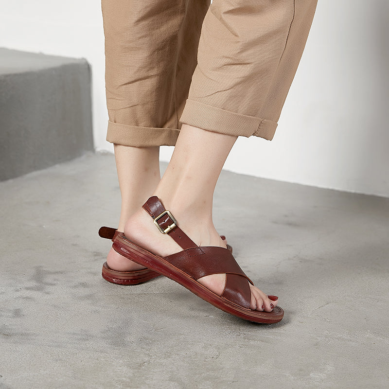 Genuine Leather X-Strap Peep Toe Slingback Flat Sandals Gladiator Style for Summer in Coffee/Khaki