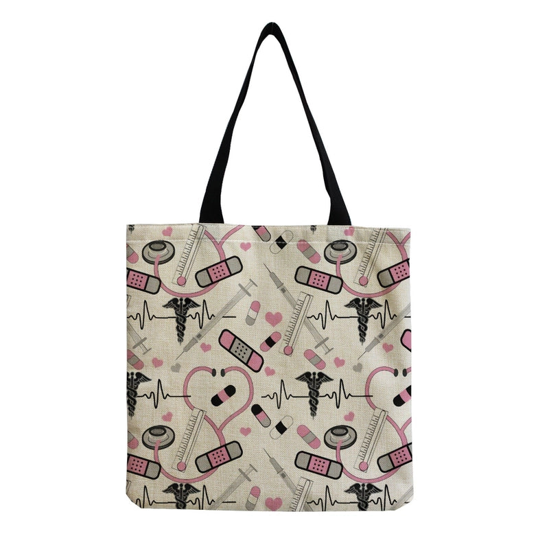 Women's Cotton And Linen Letter Nurse Heart Shape Classic Style Square Open Tote Bag