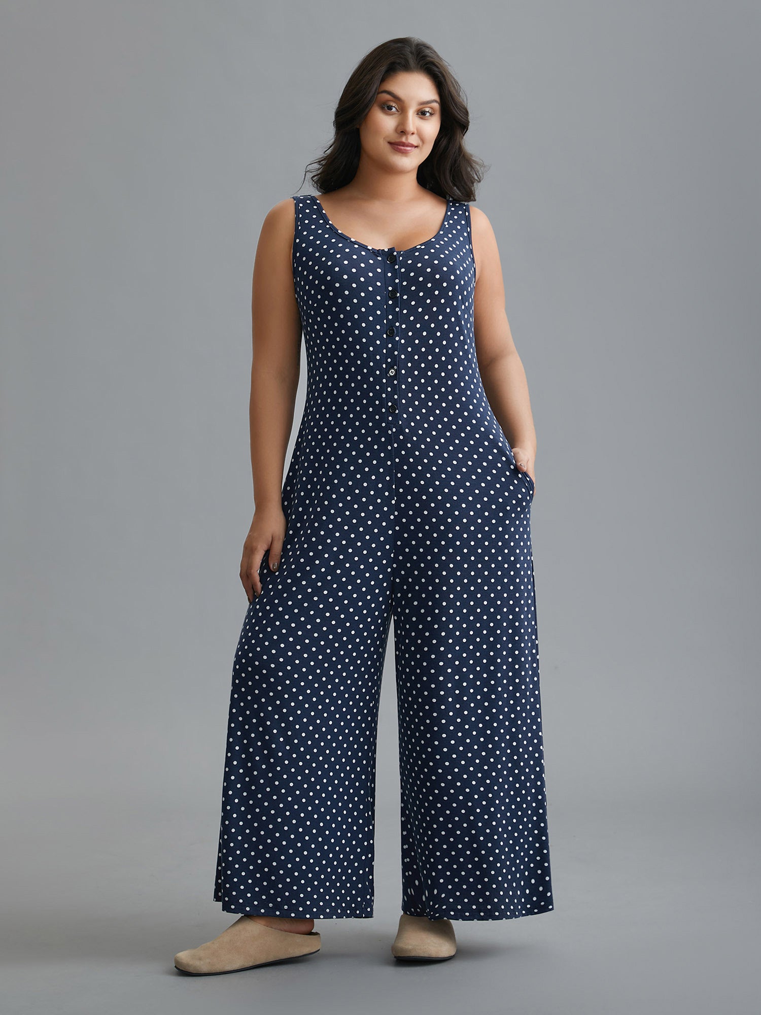 U Neck Polka Dot Button Up Sleep Jumpsuit