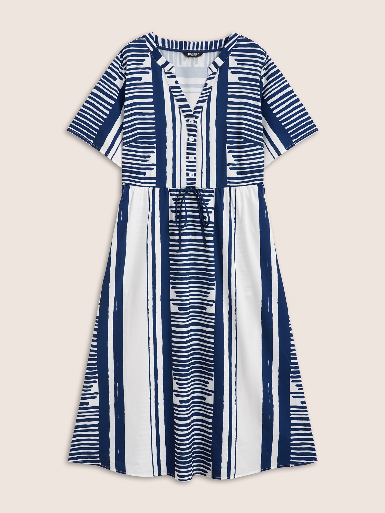 Notched Collar Striped Patchwork Drawstring Dress