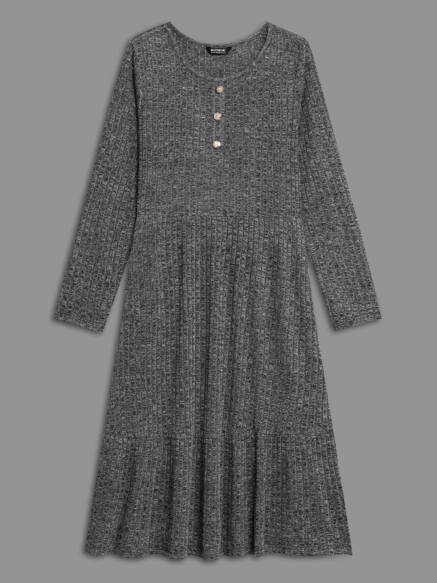 Crew Neck Rib Knit Button Detail Dress