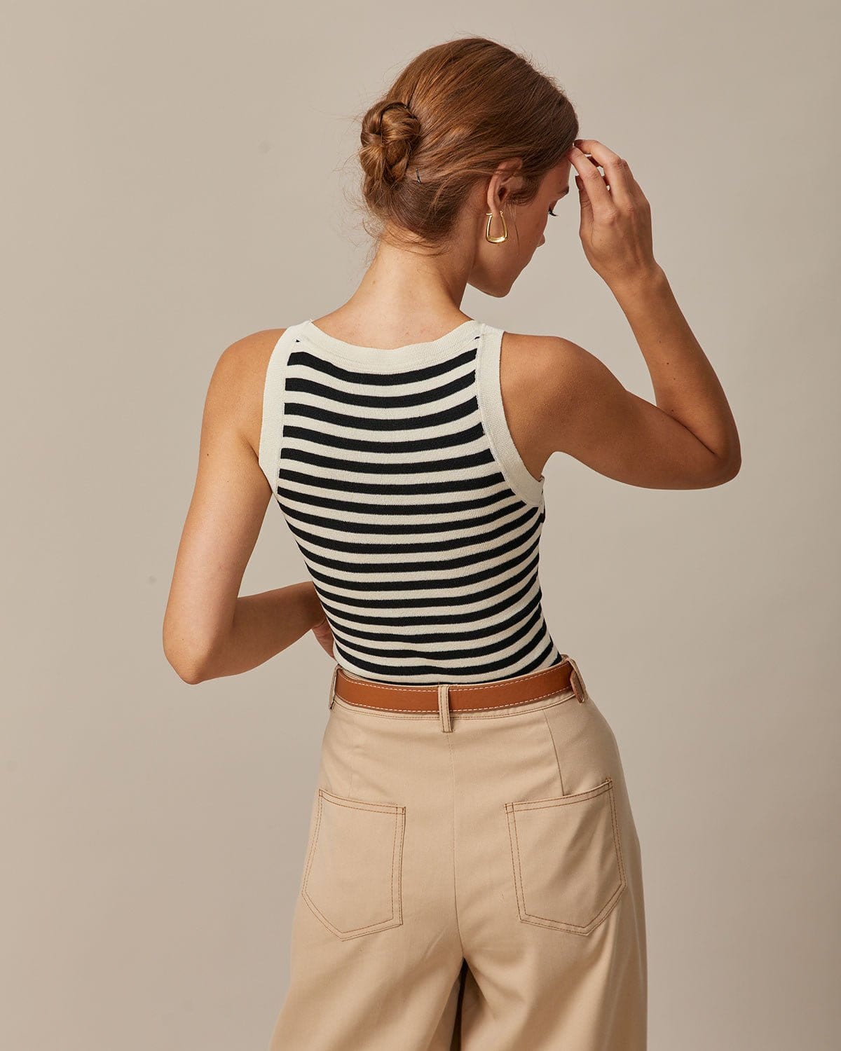 The Black Round Neck Striped Tank Top