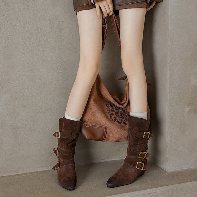 Womens Suede?Leather Mid Calf Boots 45mm Block Heel with Buckles In Khaki/Brown
