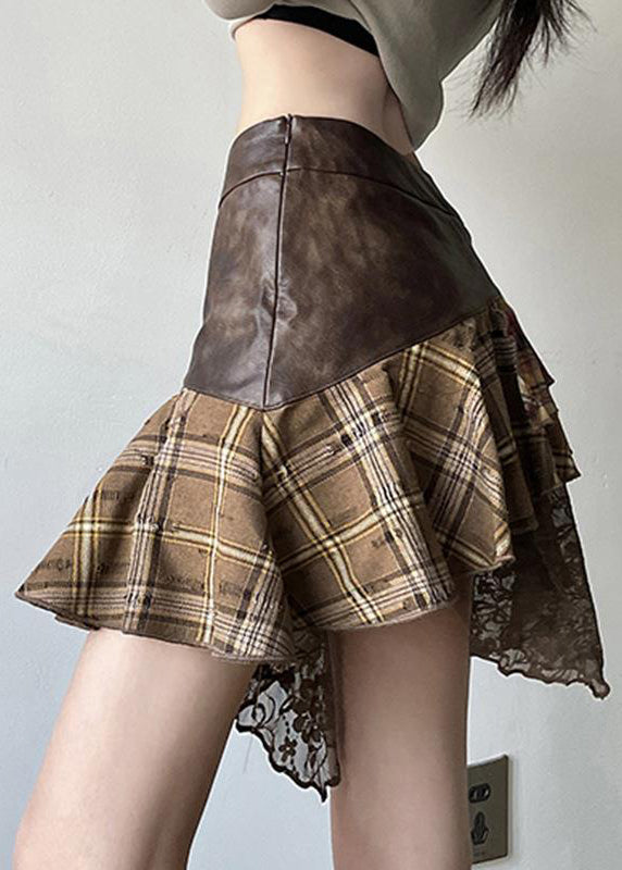 Vintage Brown Asymmetrical Lace Faux Leather Patchwork Skirts Summer