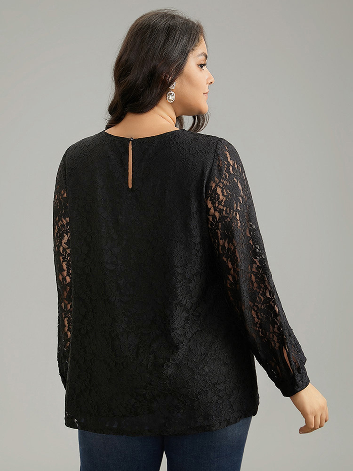 Solid Crochet Lace Mesh Crew Neck Blouse