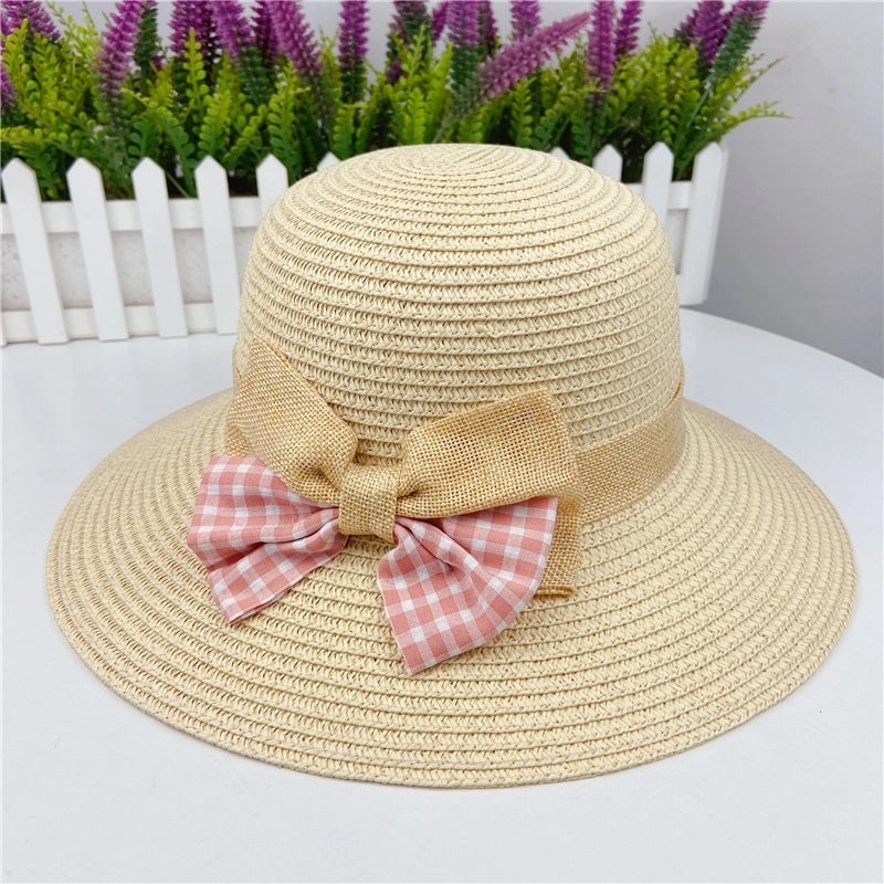 Summer Plaid Bow Straw Fisherman Hat Shade Travel Straw Hat