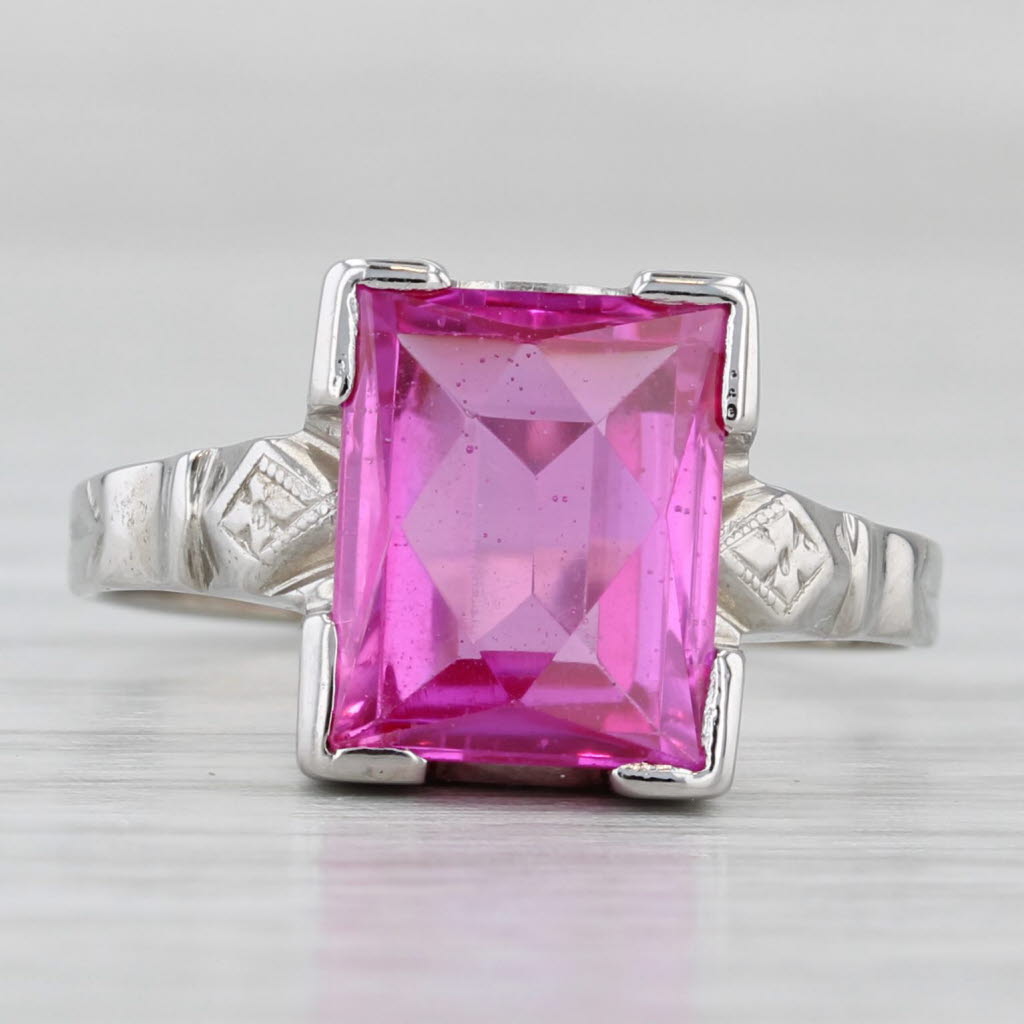 Vintage 3.35ct Lab Created Pink Red Ruby Ring 10k White Gold Size 7.5 Solitaire