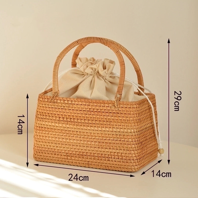 Women's Medium Straw Geometric Vacation Bucket String Straw Bag