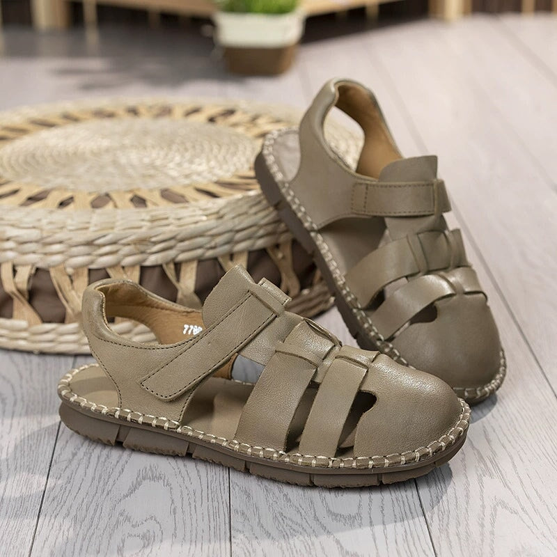 Genuine Leather Gladiator Sandals Summer Breathable Velcro Flat Shoes in Beige/Khaki/Coffee