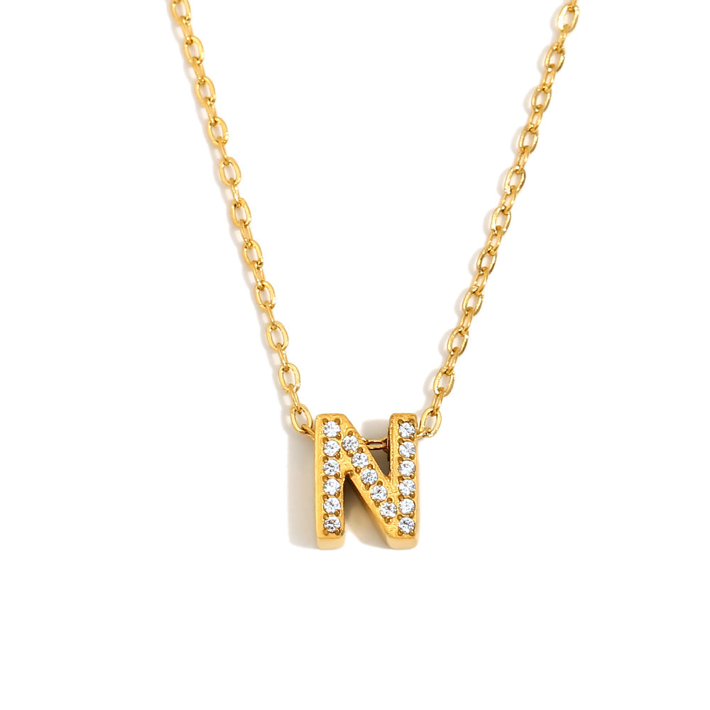 Fashionable And Simple 26 English Letter Pendant Stainless Steel Plated 18K Gold Diamond Small Letter Necklace For Women