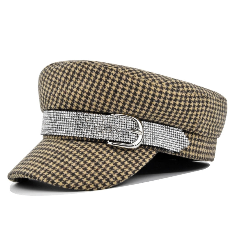 Women's Basic Retro Houndstooth Rhinestone Chain Curved Eaves Military Hat