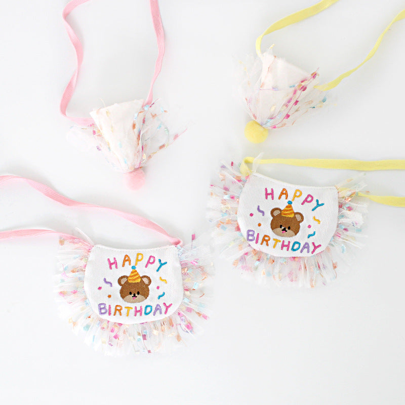 Birthday Bear Printed Dog Cat Bib&Hat Set