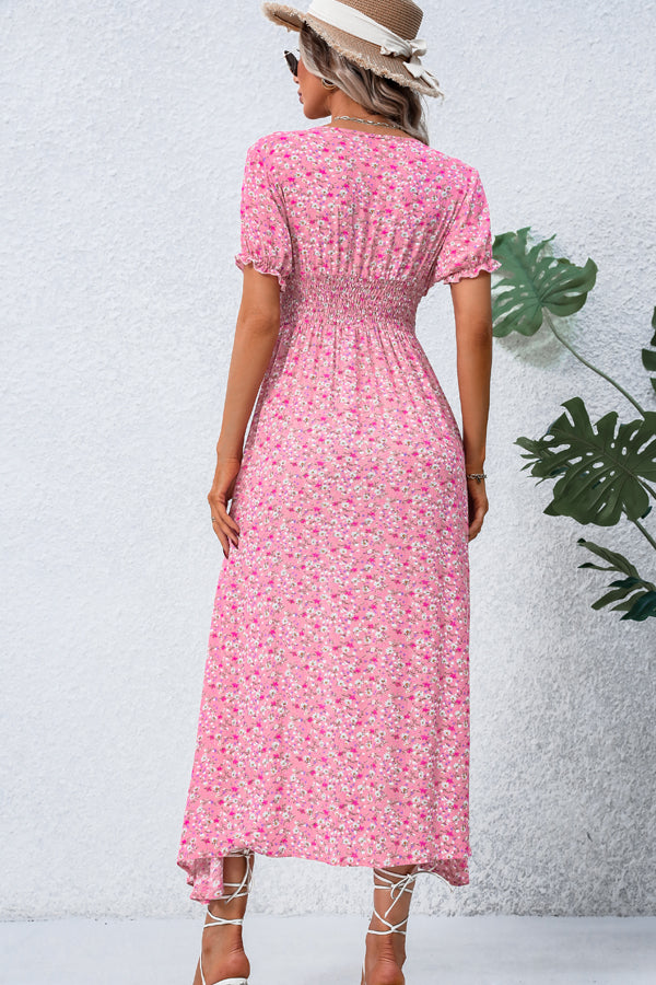 Pink Smocked Waist V Neck Split Maxi Dress