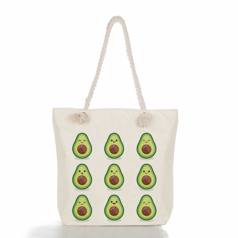 Women's Medium Linen Fruit Cute Classic Style Square Zipper Tote Bag Beach Bag