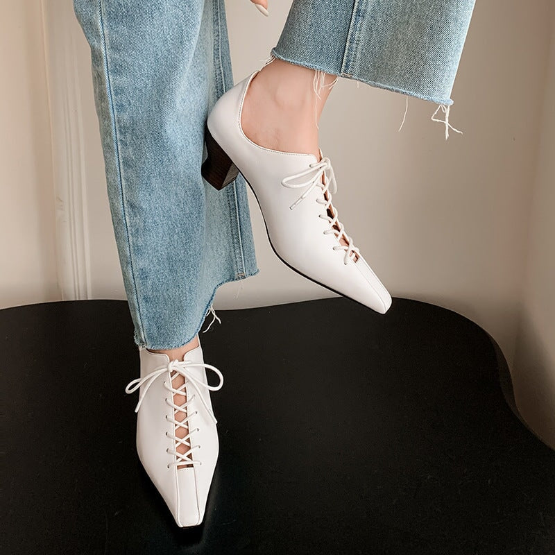 55mm Kitten Heel Cross Strap Horsehide Point Toe Oxford Tie Pumps in Beige/Black/Brown
