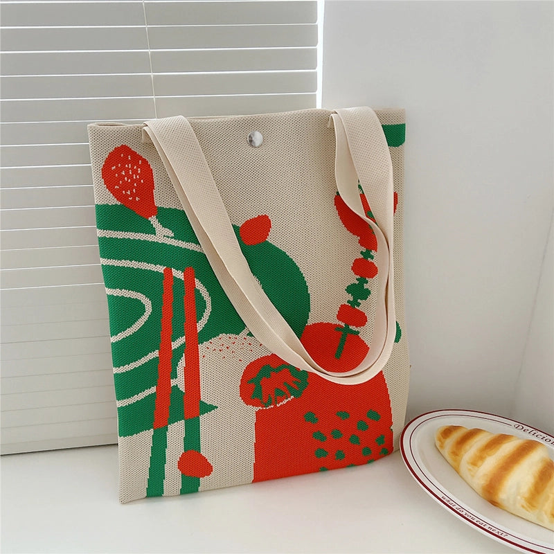 Women's Medium Knit Cartoon Flower Cute Square Lock Clasp Underarm Bag