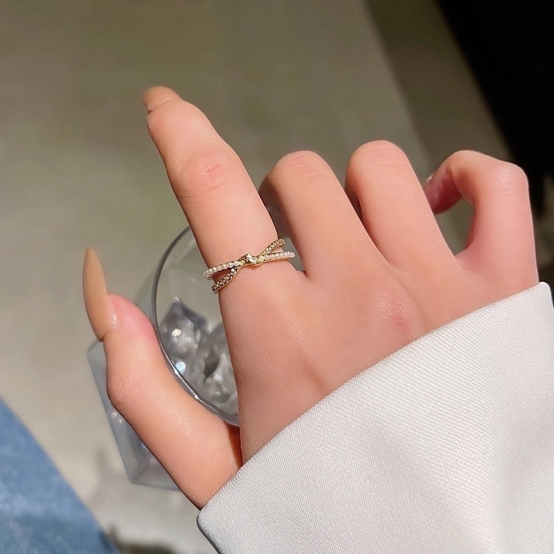 Fashion Leaf Flower Bow Knot Copper Plating Inlay Pearl Zircon Open Ring 1 Piece