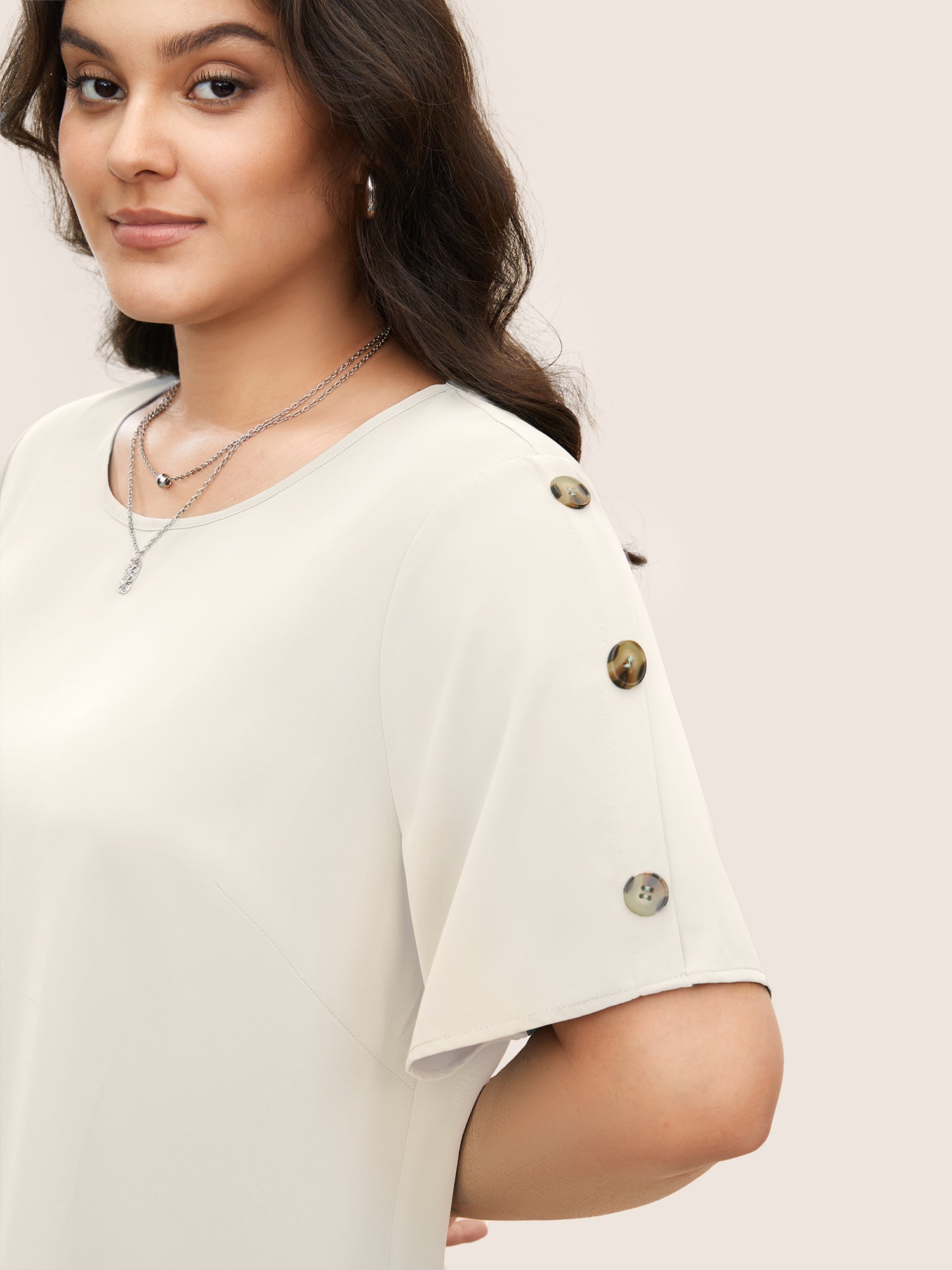 Plain Round Neck Button Detail Blouse