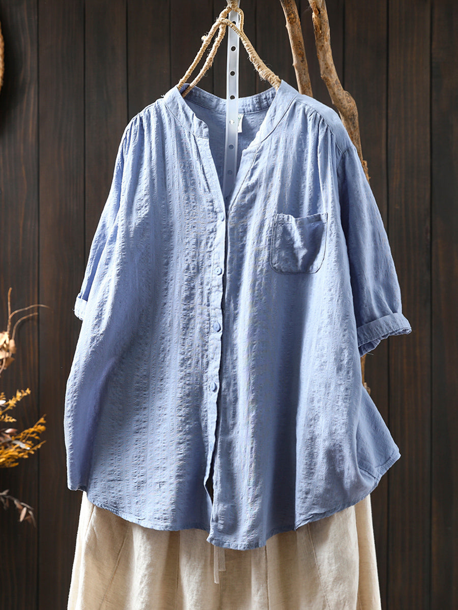 Women Summer Artsy Plaid V-Neck Cotton Shirt