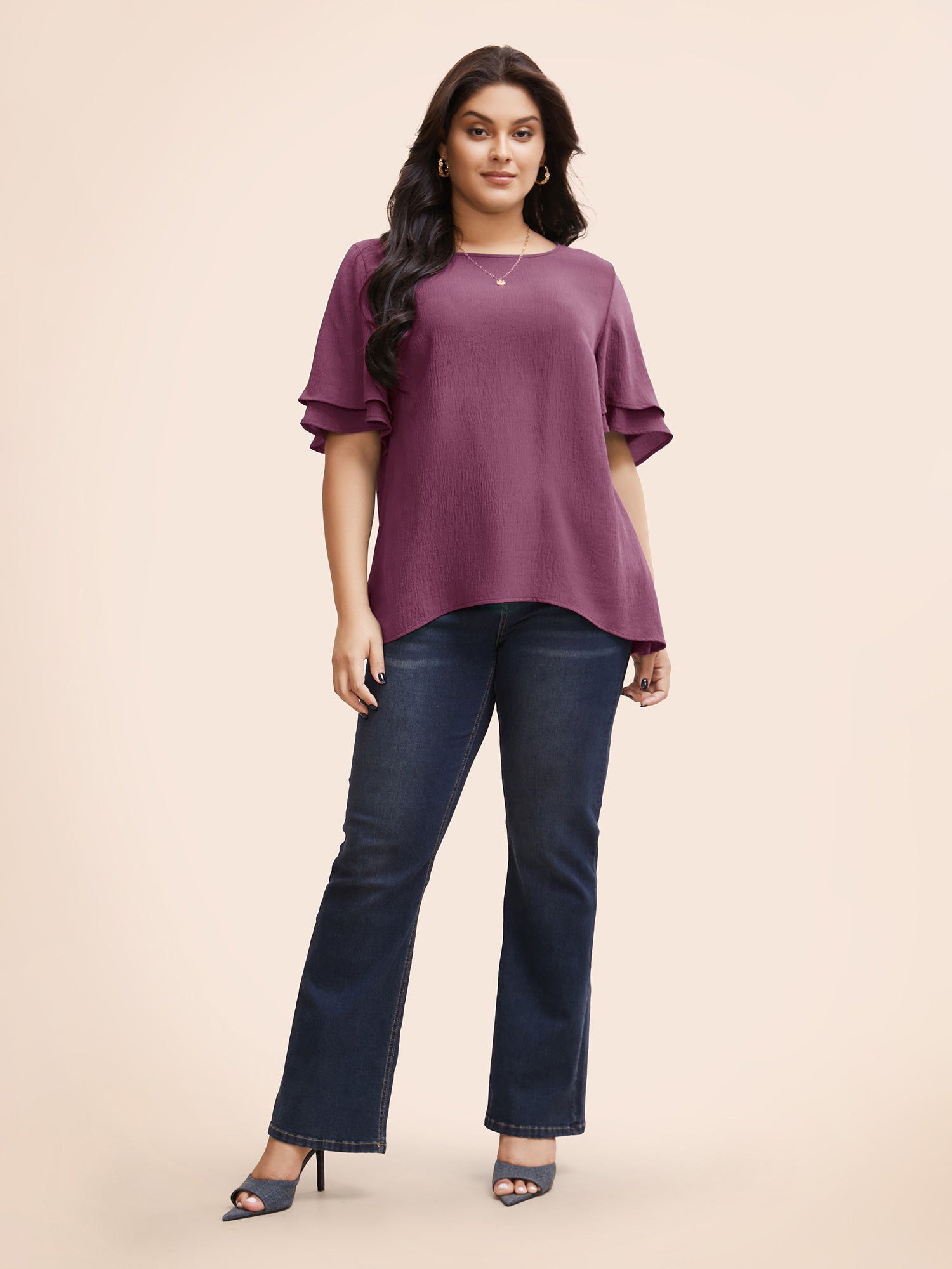 Solid Tiered Ruffles Split Hem Blouse