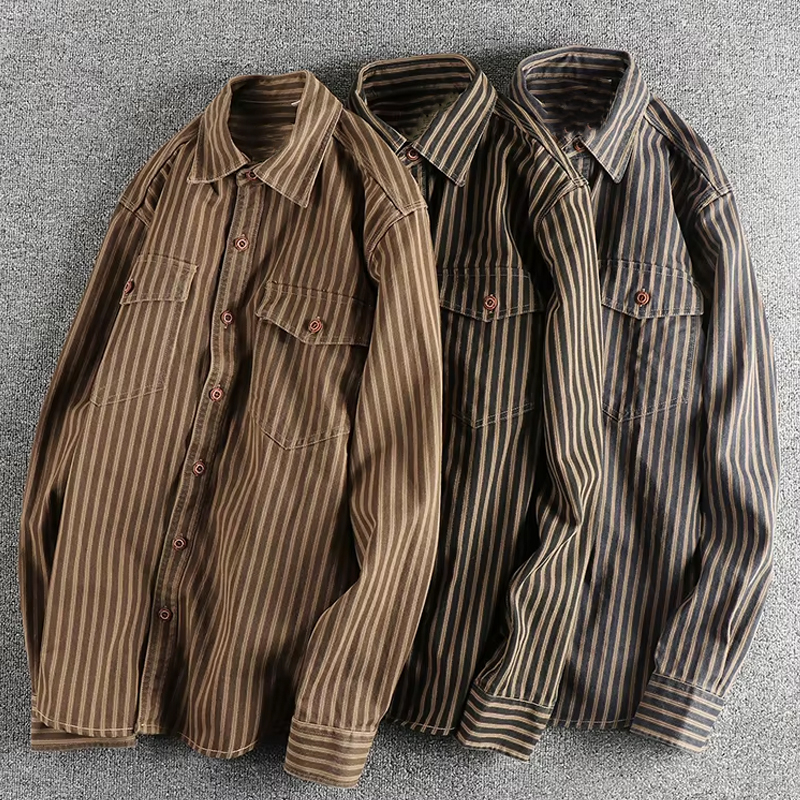 Vintage Blend Striped Lapel Long Sleeve Shirt