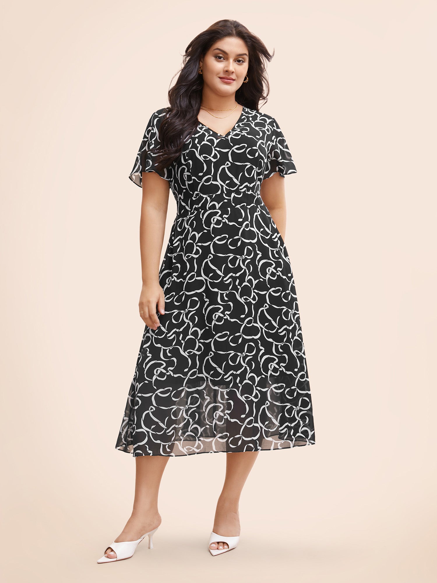 Chiffon Bowknot Print Ruffle Sleeve Midi Dress