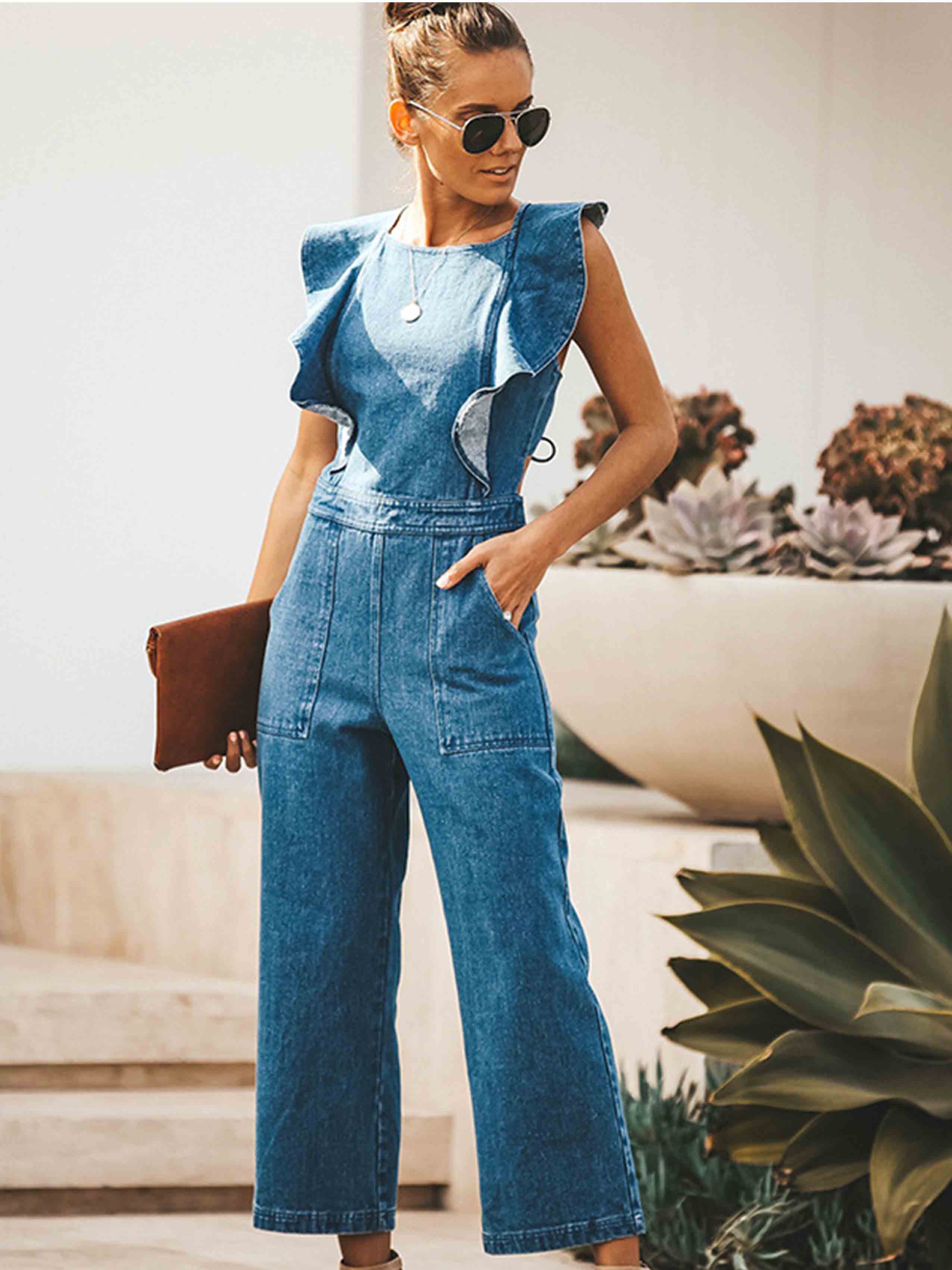 O Neck Flouncing Denim Jumpsuit