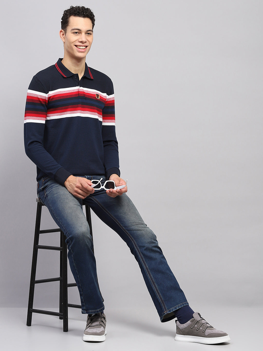 Men Navy Blue Stripe Collar Full Sleeve Winter T-Shirt