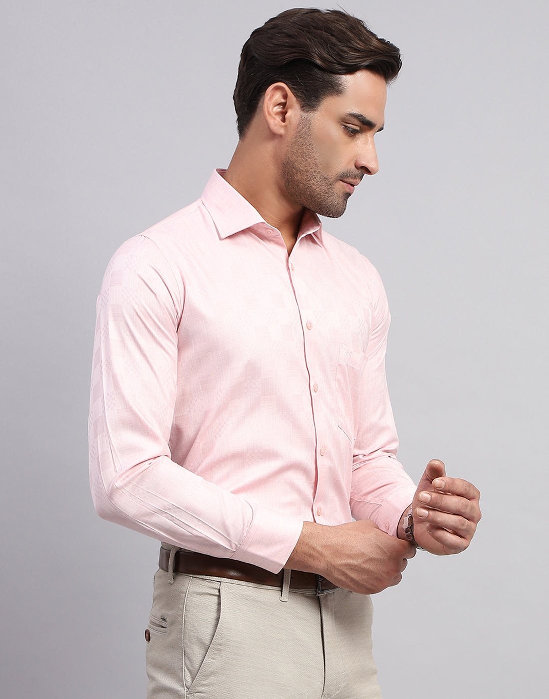 Men Pink Self Design Collar Full Sleeve Shirt