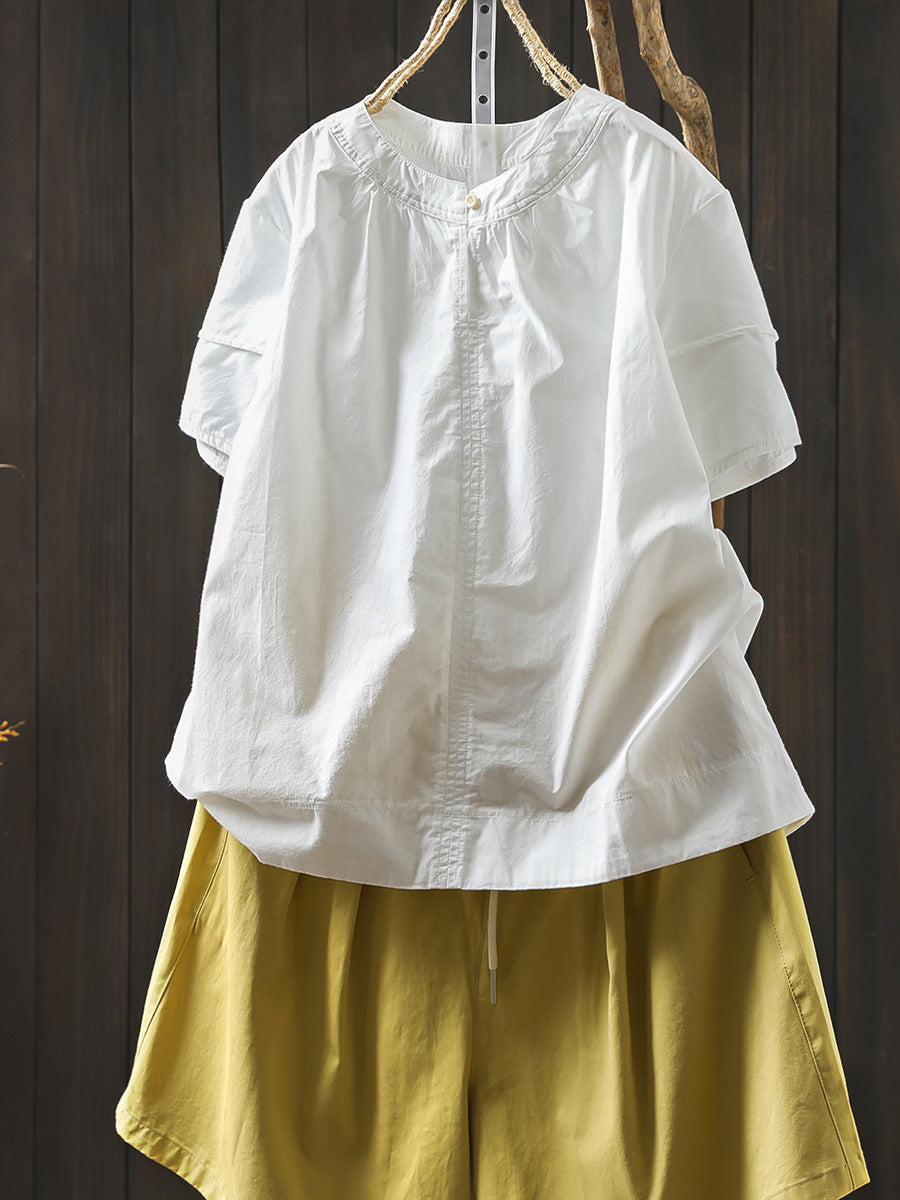 Women Summer Artsy Pure Color O-Neck 100%Cotton Shirt