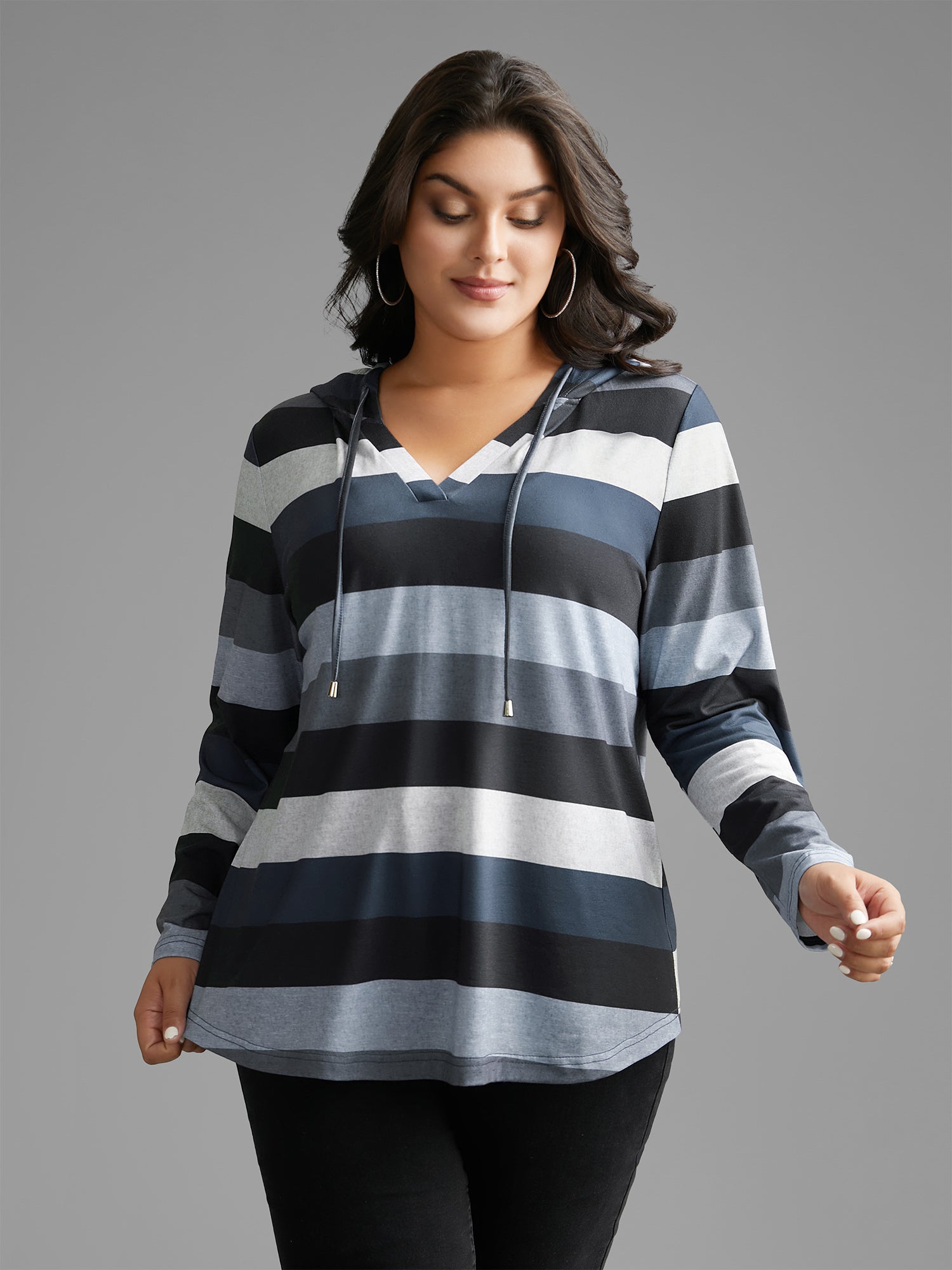 Contrast Striped Hooded Drawstring T-shirt