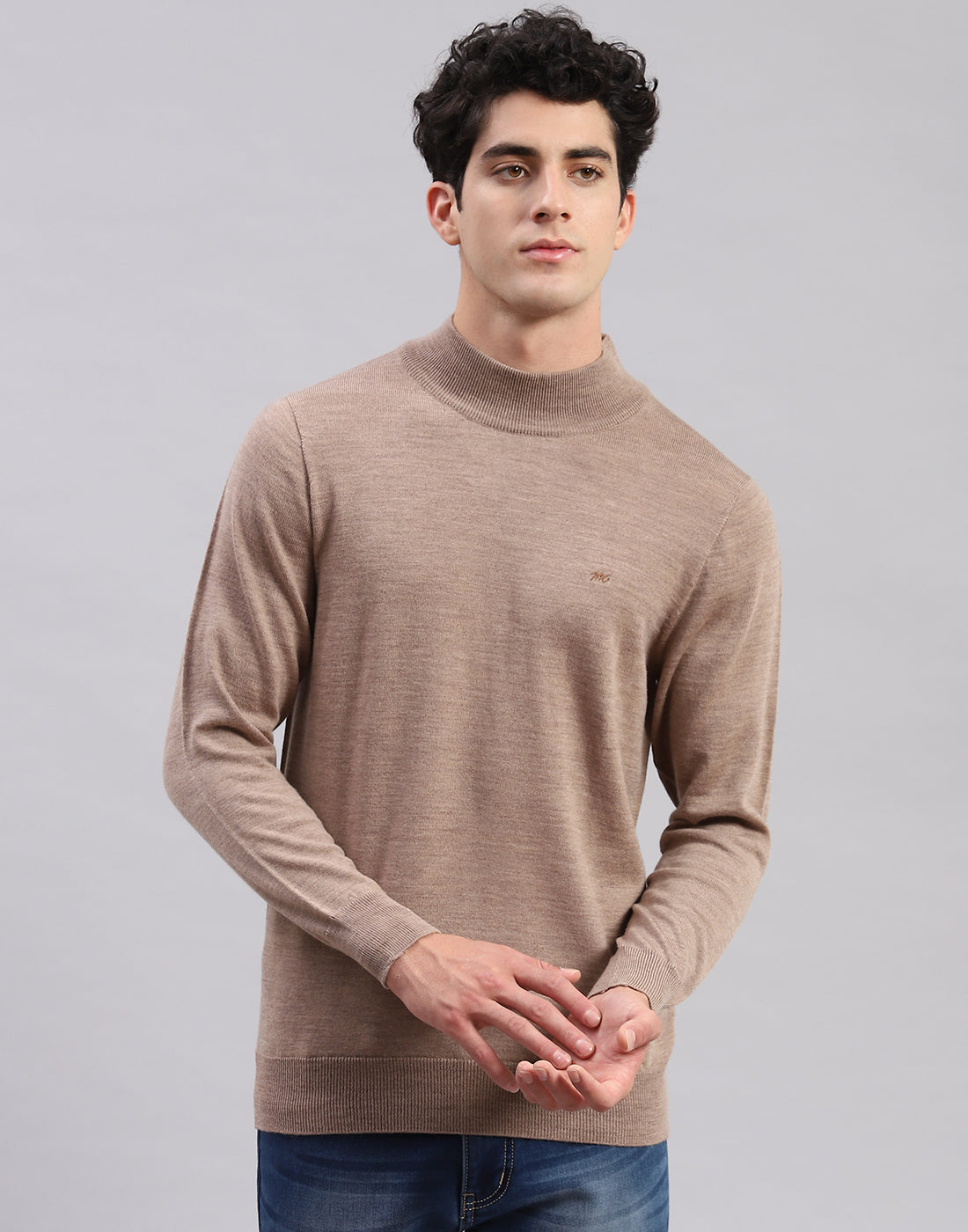 Men Brown Solid Turtle Neck Full Sleeve Pullover