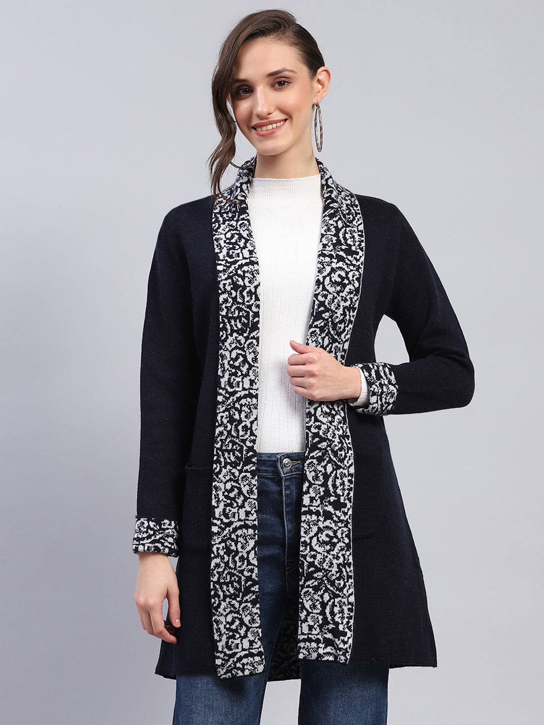 Women Navy Blue Printed Notch Lapel Collar Full Sleeve Cardigan