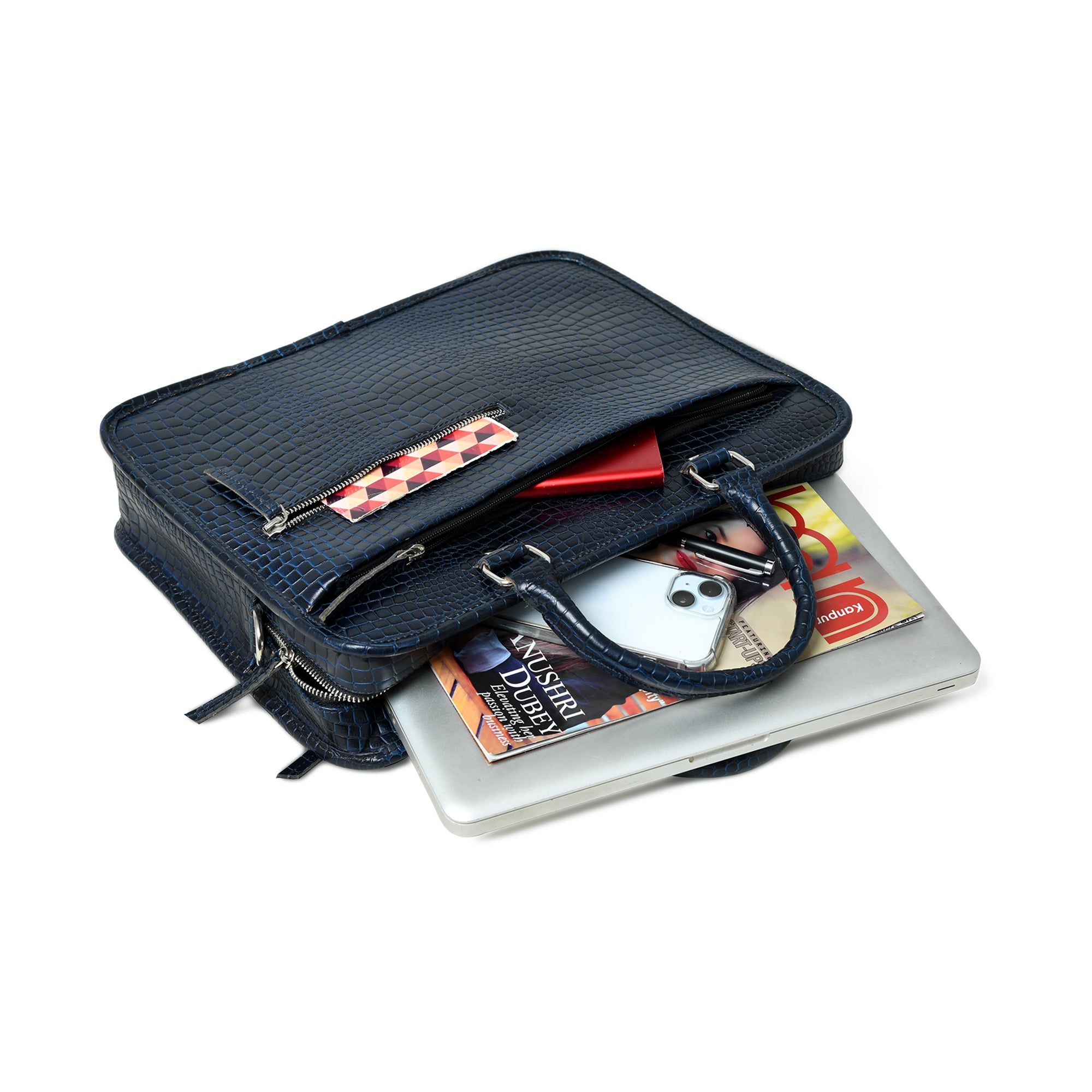 Croco Leather Computer Bag. Navy