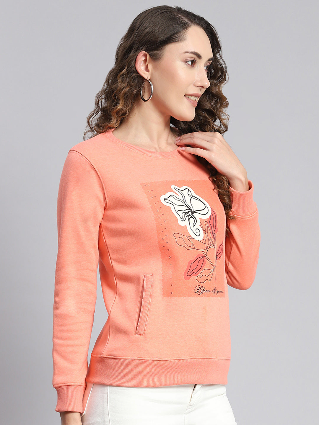 Women Pink Printed Round Neck Full Sleeve Sweatshirts