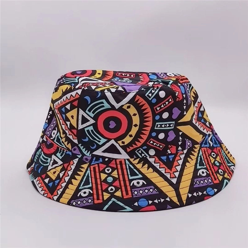 Ethnic Style Double-sided Fisherman Hat New Geometric Rhombus Casual Basin Hat Flat Top Sun Hat Tide