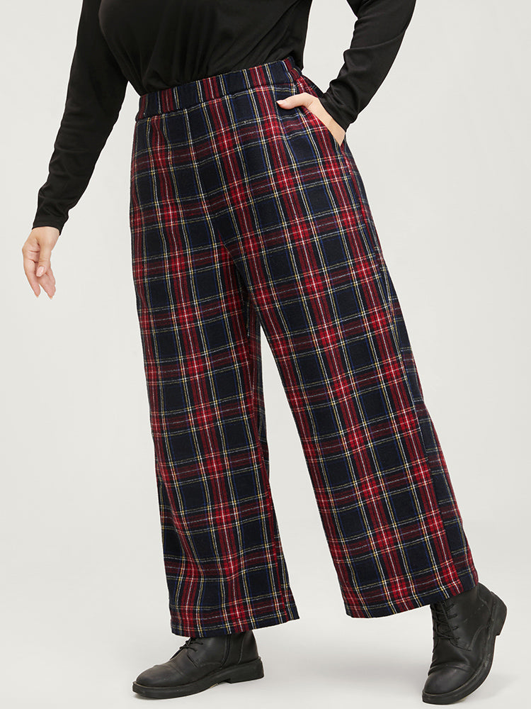 Plaid Elastic Waist Pocket High Rise Pants