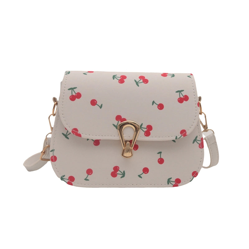 Simple Trendy  Cherry Print Elegant Twist Lock Shoulder Bag Fresh Crossbody Small Square Bag