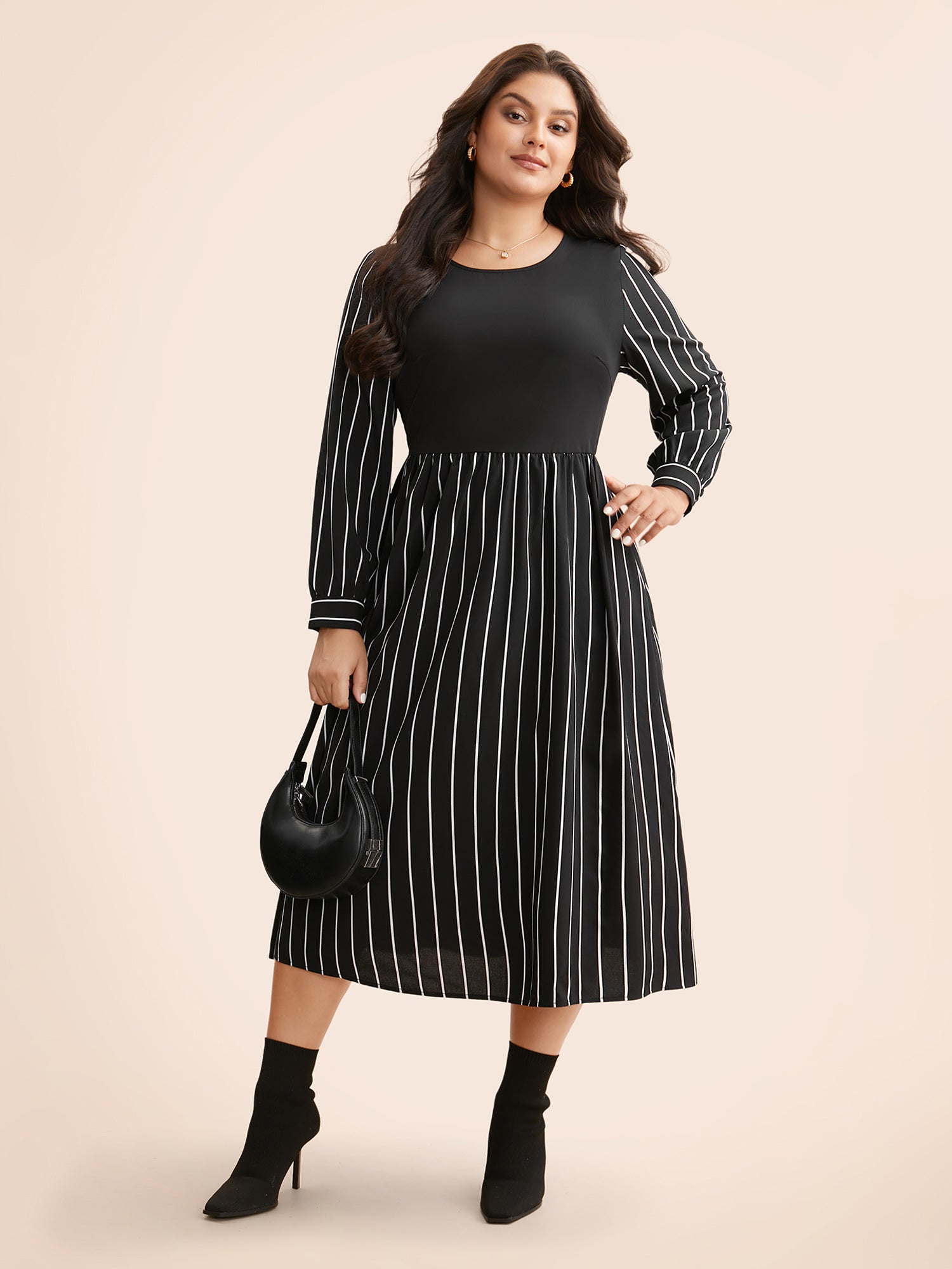 Round Neck Striped Patchwork Midi Dress