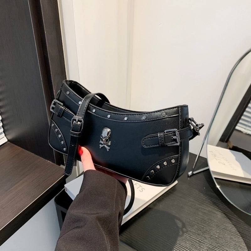 Halloween Women's Pu Leather Cross Skull Punk Sewing Thread Zipper Crossbody Bag