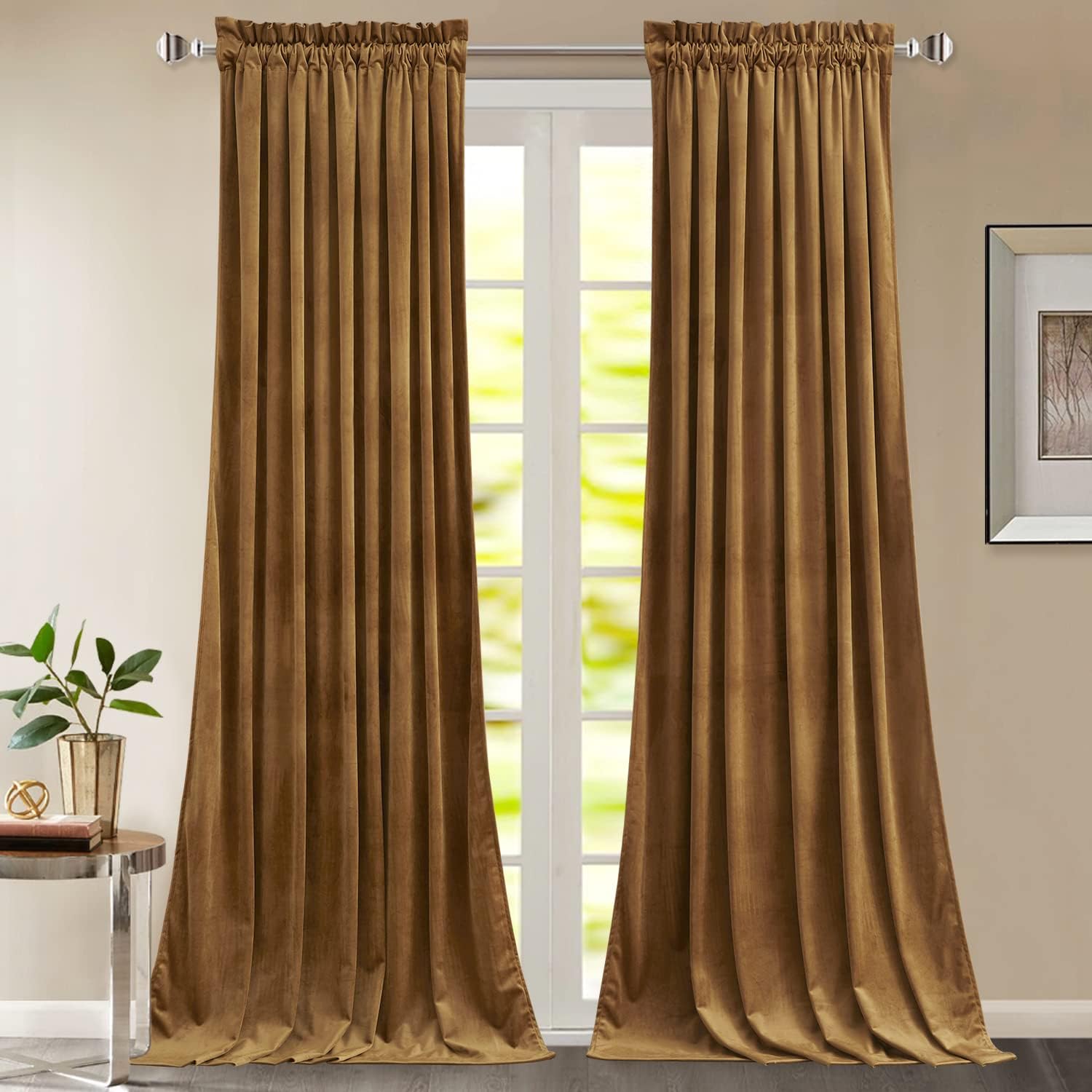 Gold Brown-Velvet Window Curtains (Ultra Soft)